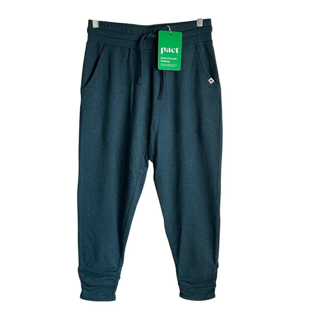 NEW Pact Organic Cotton Joggers Sz XS Ruched Hem Teal Lounge Pants Granola Girl